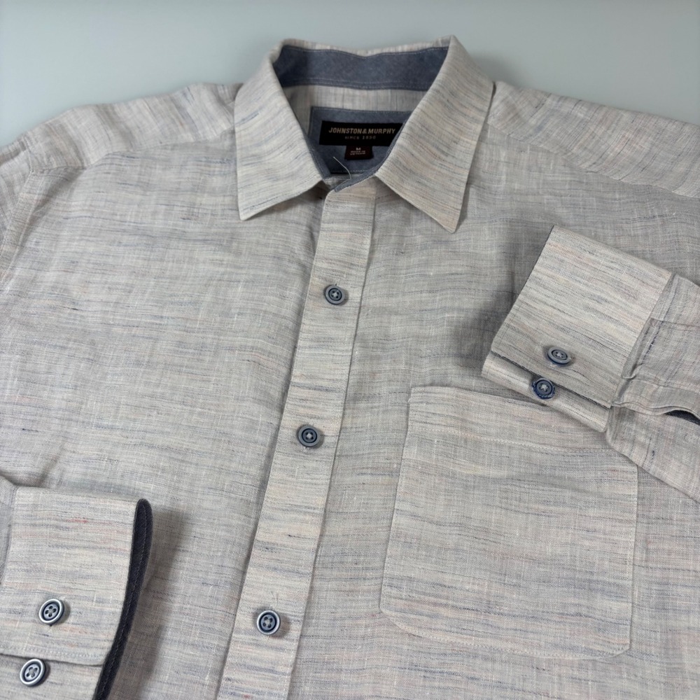 Johnston & Murphy Mens M White 100% Linen Button Up Shirt Long Sleeve Beach